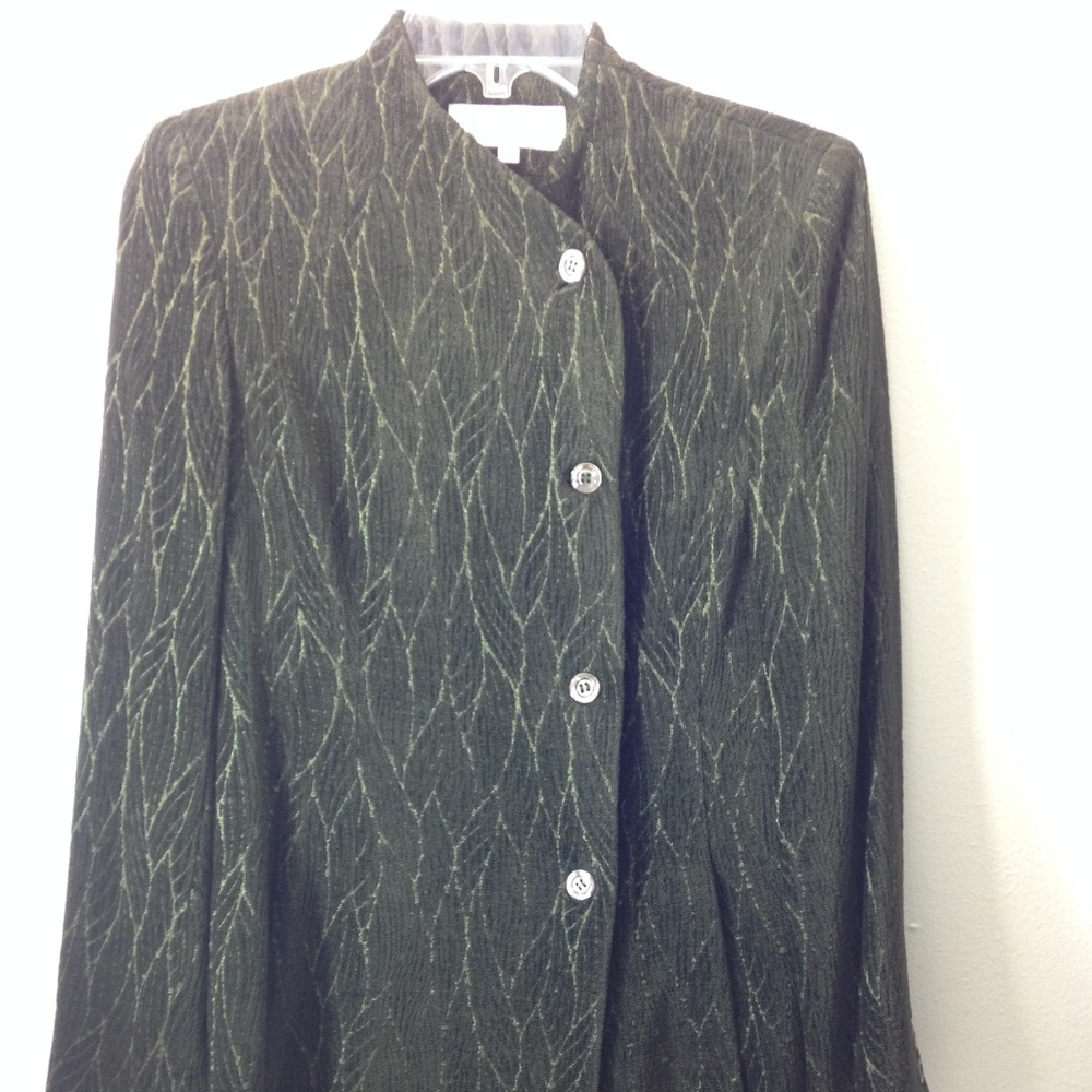 Worth Petite 4 Long Jacket Green Leaf‎ Design Mandarin Collar VTG 90s Suit Top